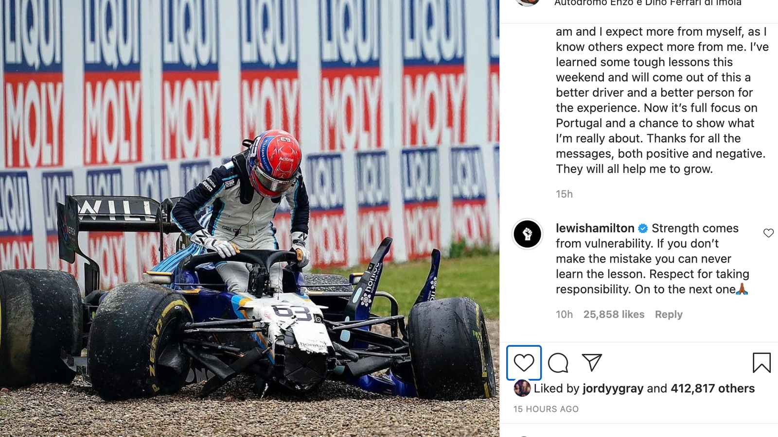 F1 champion Hamilton sends Russell message of support after crash